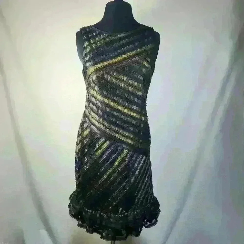 NWOT Muse Essential Little Black (& Gold Dress) Size 4 Ribbon Chiffon Hem Ruffle